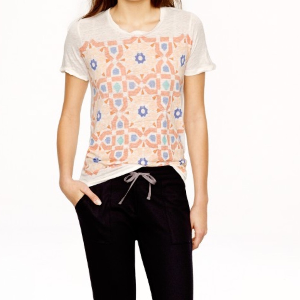 EUC J Crew Linen Moroccan Tile Tee